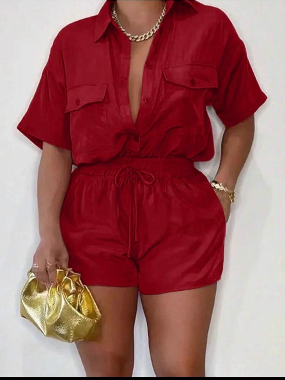 SHEIN Curve Sz 1XL Red Short-Sleeve Button-Down Shirt/Shorts Set NWOT